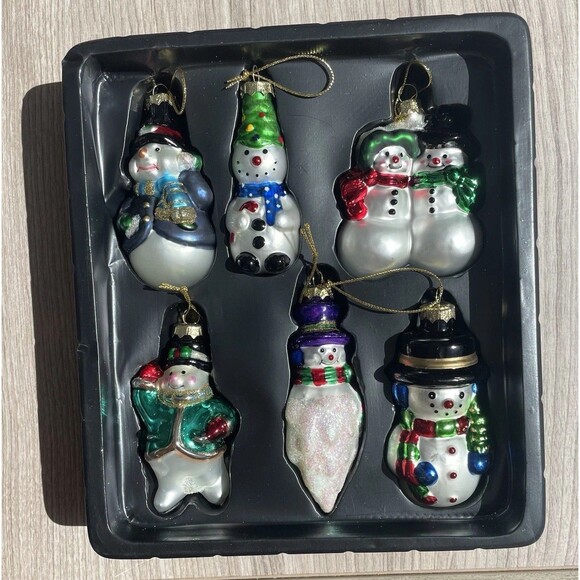 Vintage Set Of 6 Lubeck Glass Blown Snowman Ornaments Ames Hat - Picture 2 of 15